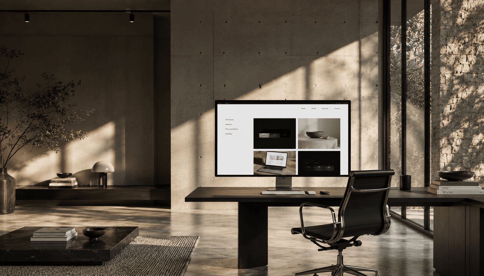 A calm, well-designed workspace displaying a custom-built website